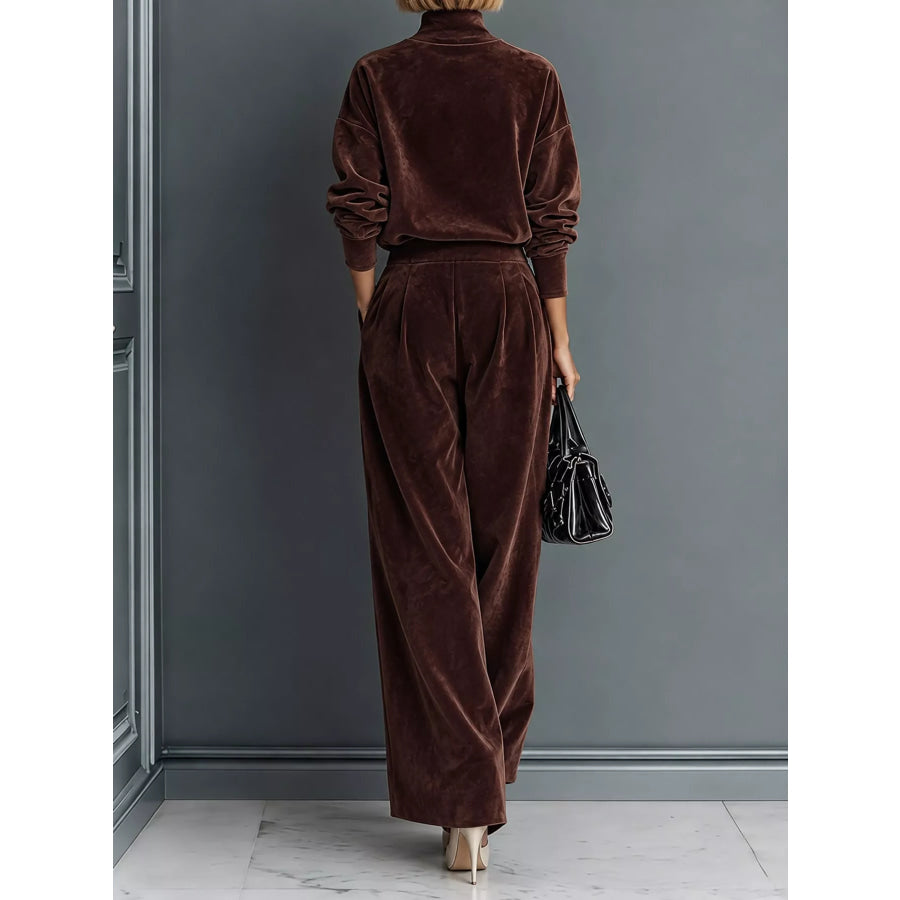 Velvet Mock Neck Long Sleeve Top and Wide-Leg Pants Set Apparel Accessories
