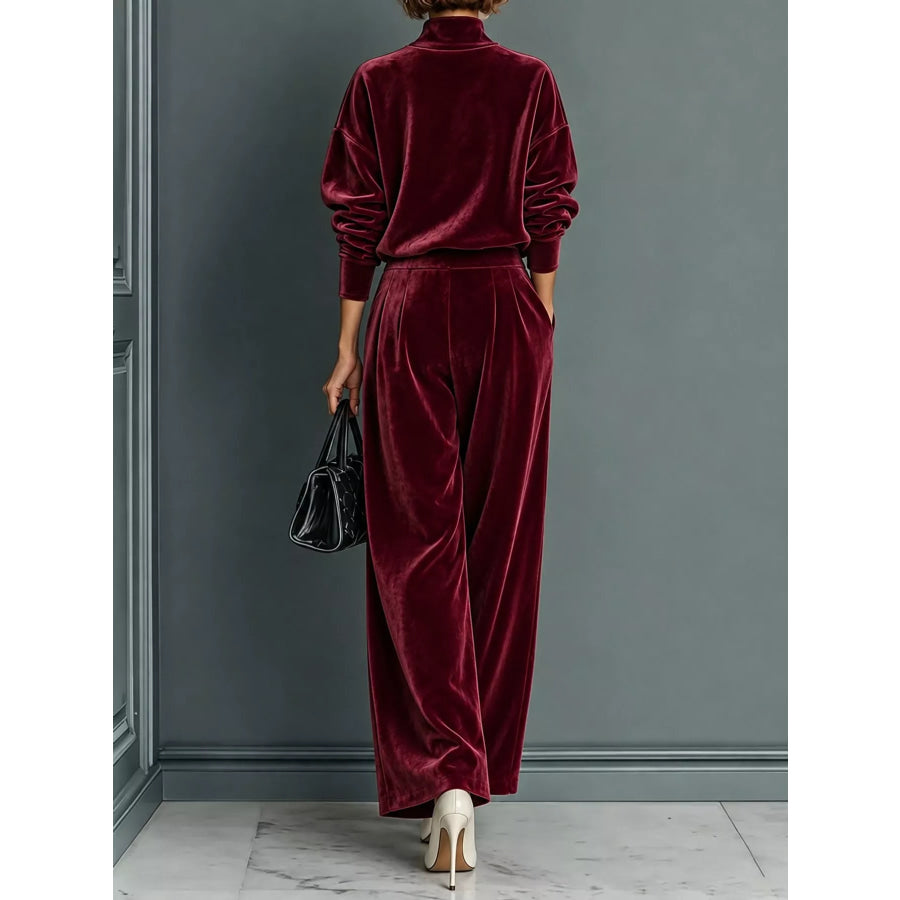 Velvet Mock Neck Long Sleeve Top and Wide-Leg Pants Set Apparel Accessories