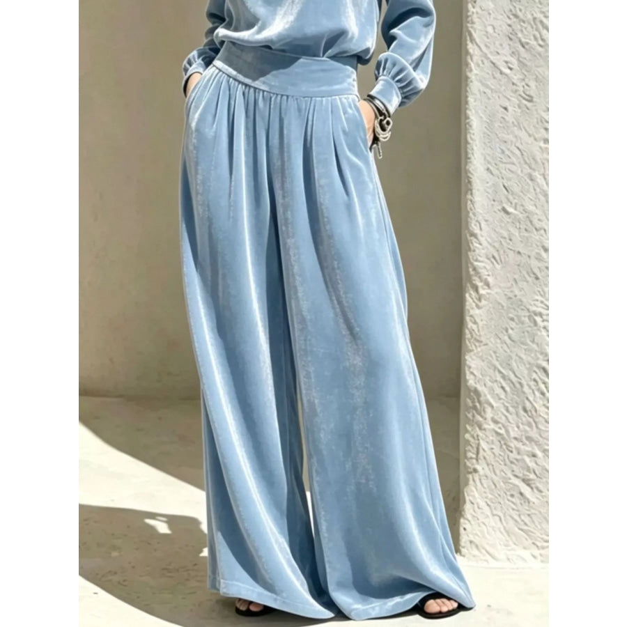 Velvet Mock Neck Long Sleeve Top and Wide-Leg Pants Set Apparel and Accessories
