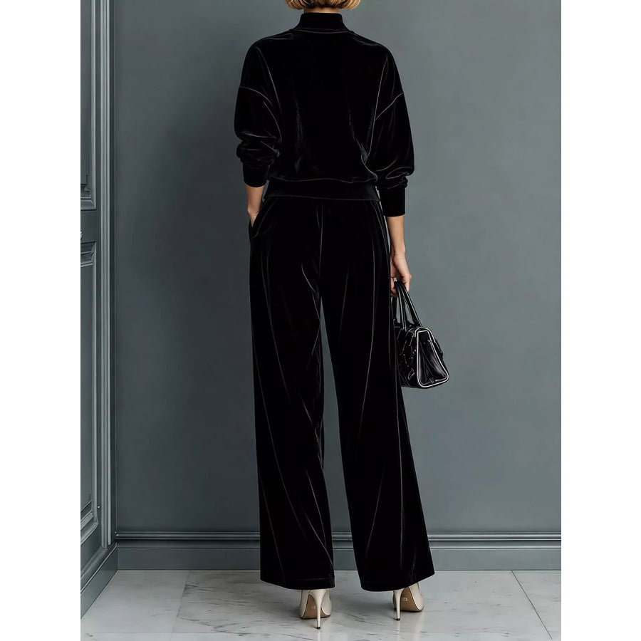 Velvet Mock Neck Long Sleeve Top and Wide-Leg Pants Set Apparel Accessories