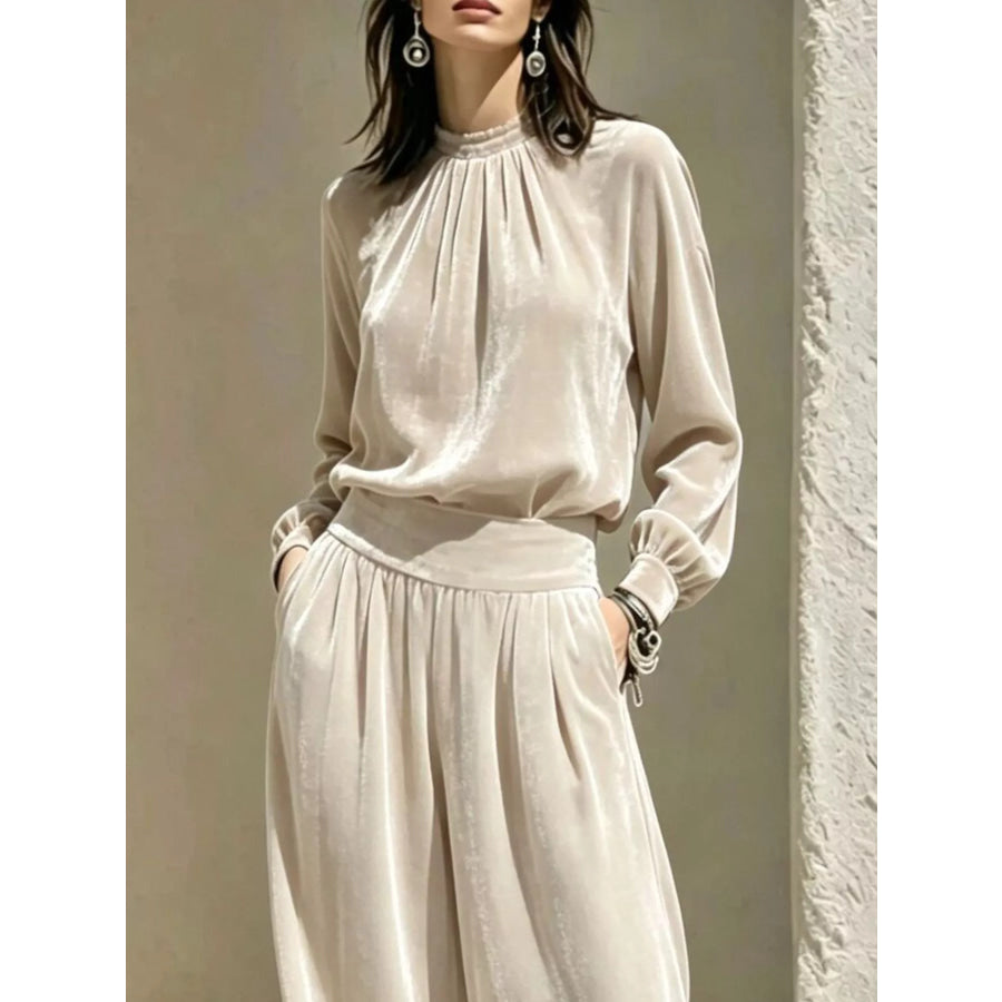 Velvet Mock Neck Long Sleeve Top and Wide-Leg Pants Set Apparel and Accessories