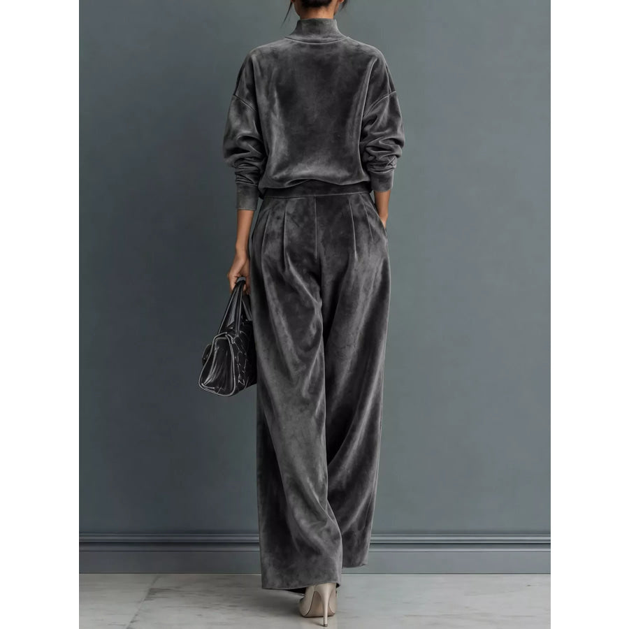 Velvet Mock Neck Long Sleeve Top and Wide-Leg Pants Set Apparel Accessories