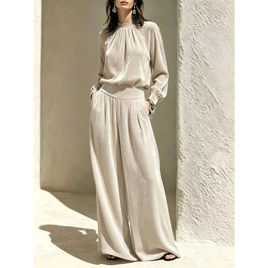 Velvet Mock Neck Long Sleeve Top and Wide-Leg Pants Set Beige / S Apparel and Accessories