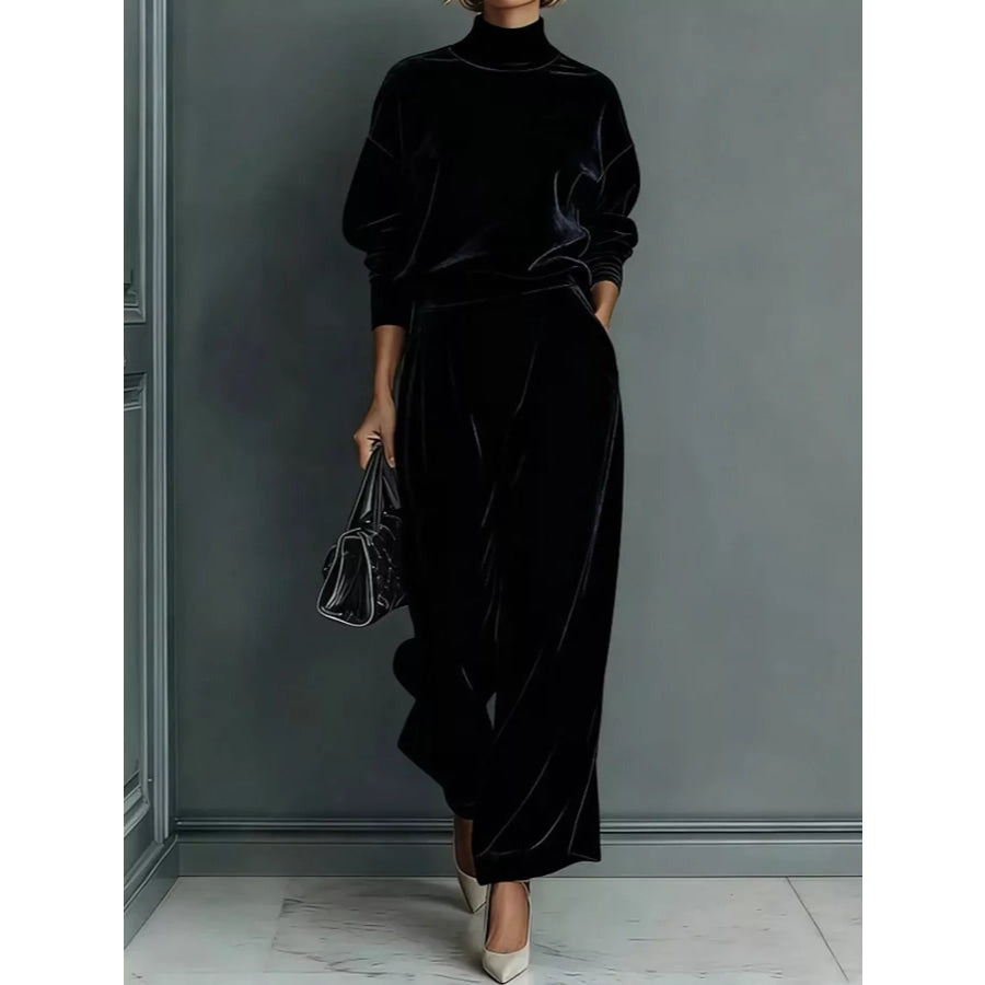 Velvet Mock Neck Long Sleeve Top and Wide-Leg Pants Set Black / S Apparel Accessories
