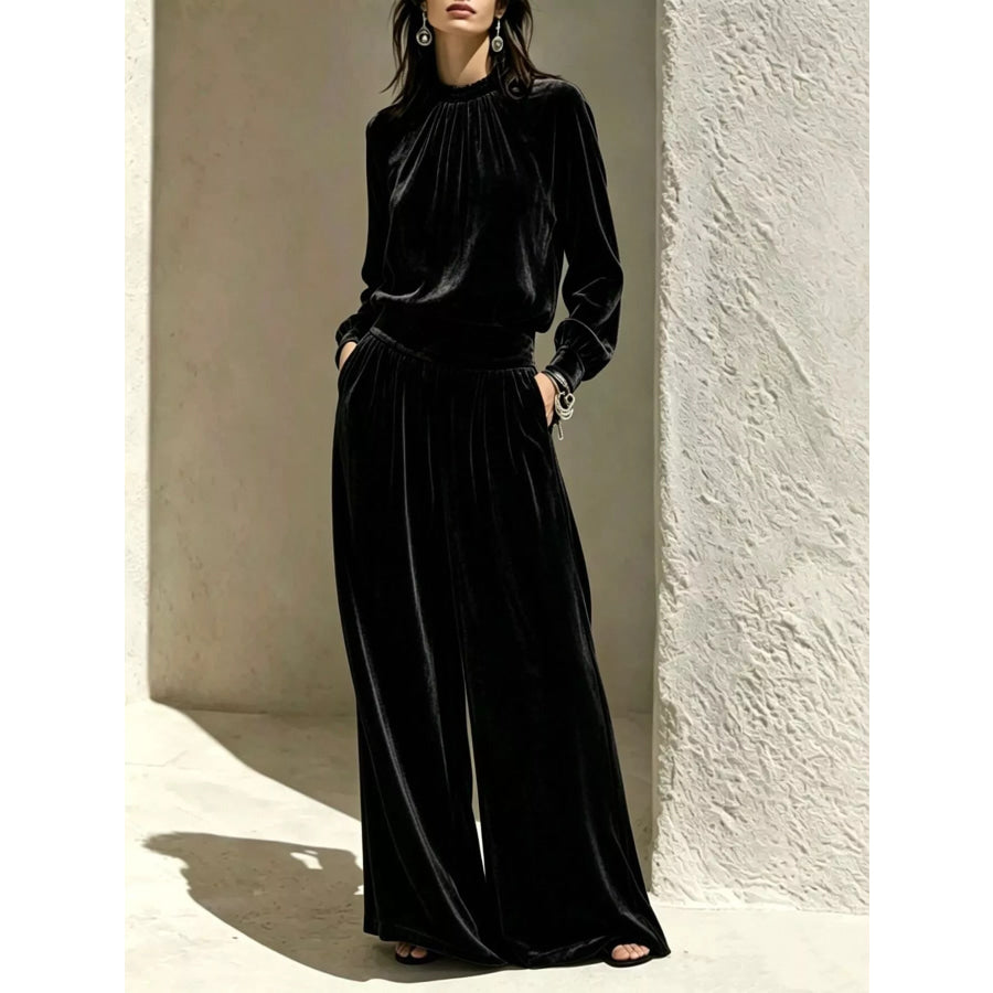 Velvet Mock Neck Long Sleeve Top and Wide-Leg Pants Set Black / S Apparel and Accessories