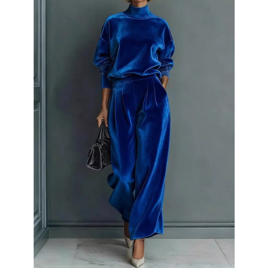 Velvet Mock Neck Long Sleeve Top and Wide-Leg Pants Set Blue / S Apparel Accessories