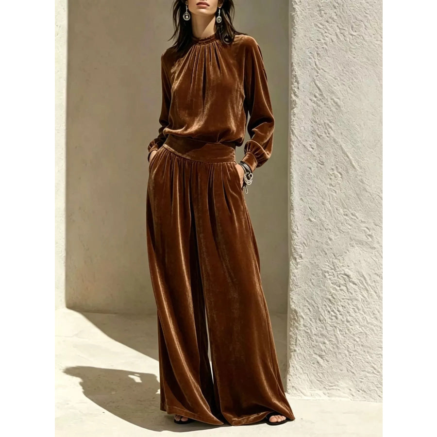 Velvet Mock Neck Long Sleeve Top and Wide-Leg Pants Set Brown / S Apparel and Accessories