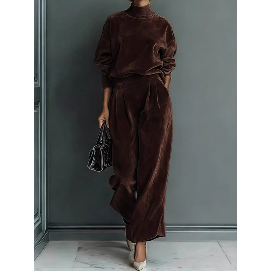 Velvet Mock Neck Long Sleeve Top and Wide-Leg Pants Set Coffee / S Apparel Accessories