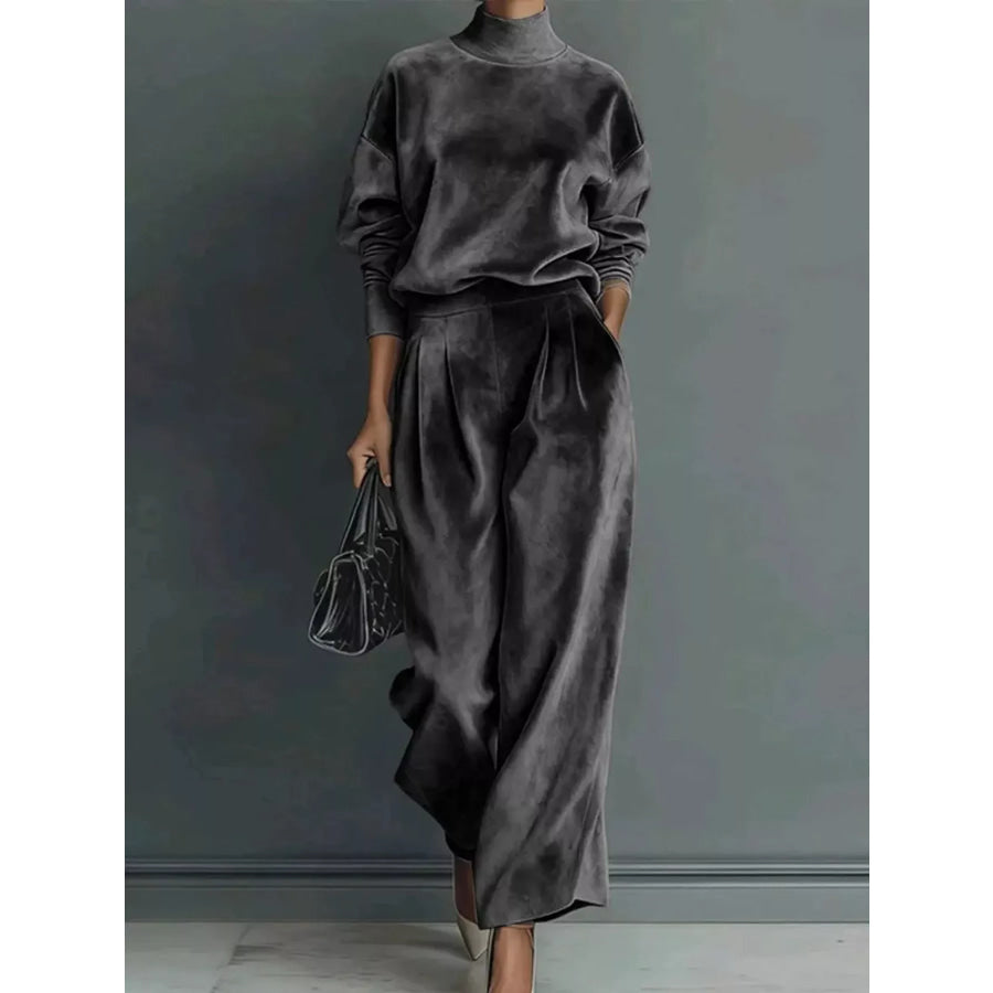 Velvet Mock Neck Long Sleeve Top and Wide-Leg Pants Set Dark Gray / S Apparel Accessories