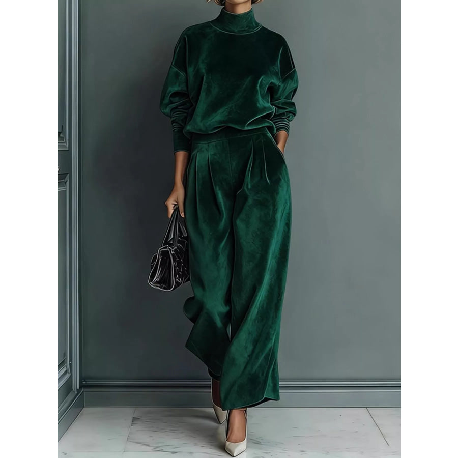 Velvet Mock Neck Long Sleeve Top and Wide-Leg Pants Set Dark Green / S Apparel Accessories