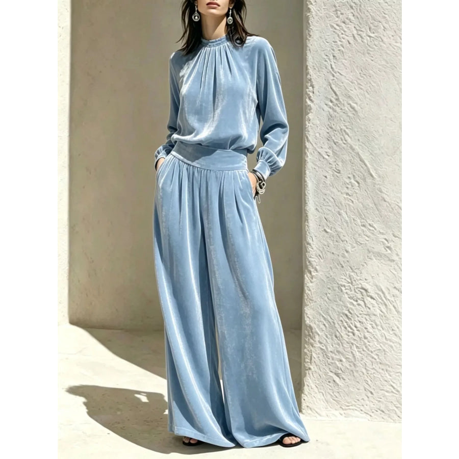 Velvet Mock Neck Long Sleeve Top and Wide-Leg Pants Set Light Blue / S Apparel and Accessories