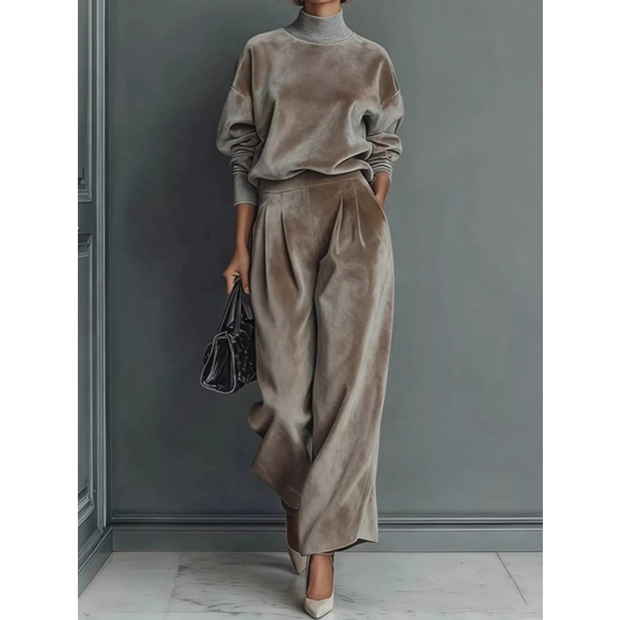 Velvet Mock Neck Long Sleeve Top and Wide-Leg Pants Set Light Brown / S Apparel Accessories