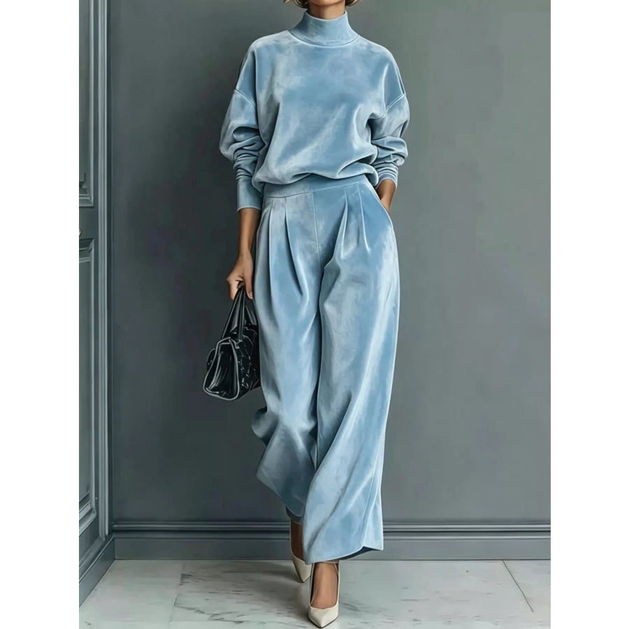 Velvet Mock Neck Long Sleeve Top and Wide-Leg Pants Set Sky Blue / S Apparel Accessories