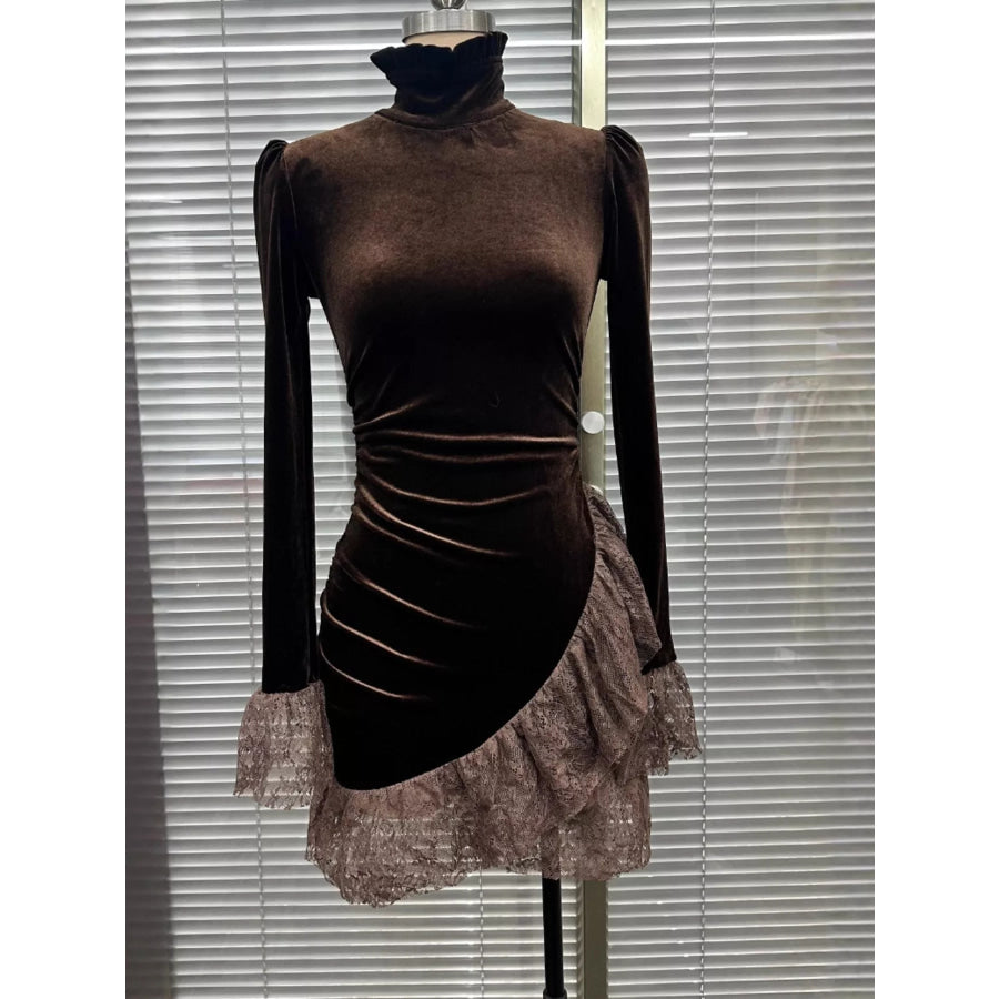 Velvet Mock Neck Mini Dress with Lace Ruffle Trim Apparel and Accessories