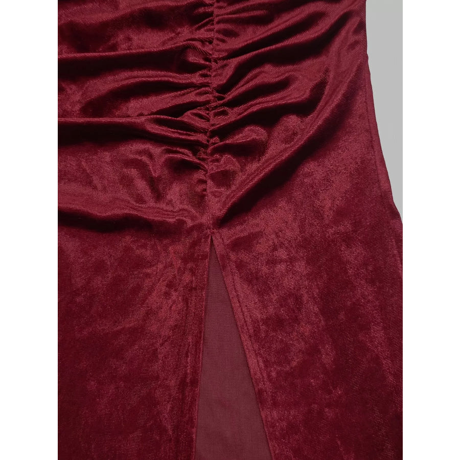 Velvet Mock Neck Ruched Slit Maxi Dress Apparel and Accessories