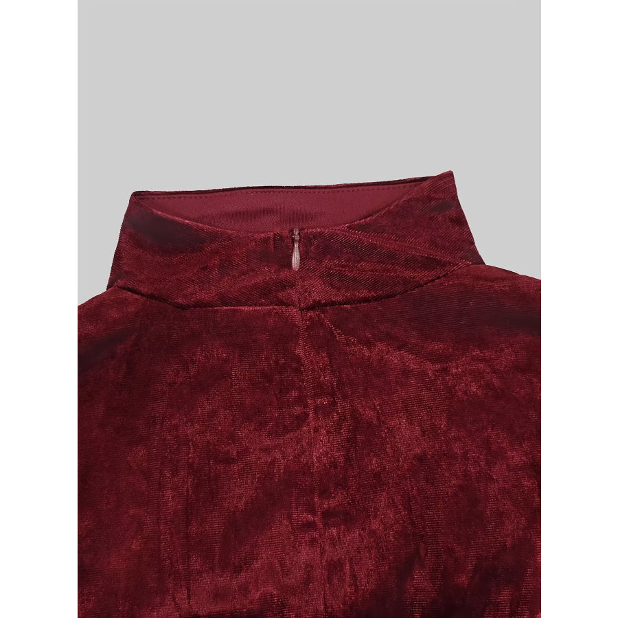 Velvet Mock Neck Ruched Slit Maxi Dress Apparel and Accessories