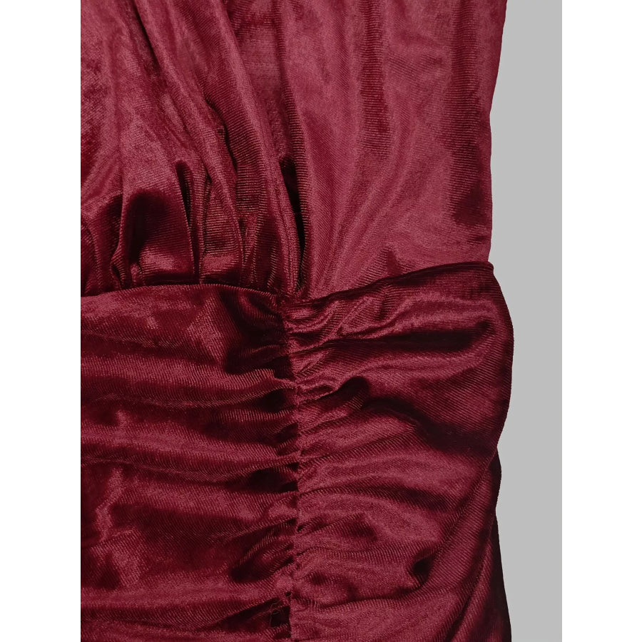 Velvet Mock Neck Ruched Slit Maxi Dress Apparel and Accessories
