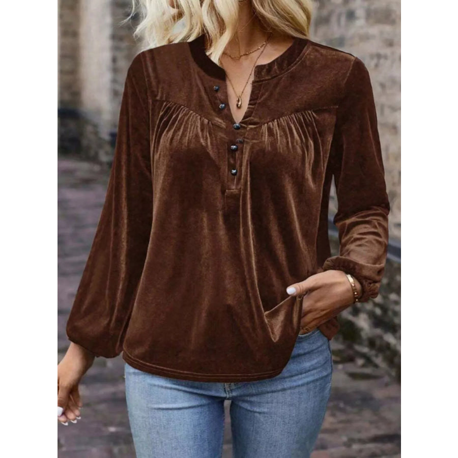 Velvet Notched Long Sleeve Blouse Apparel and Accessories