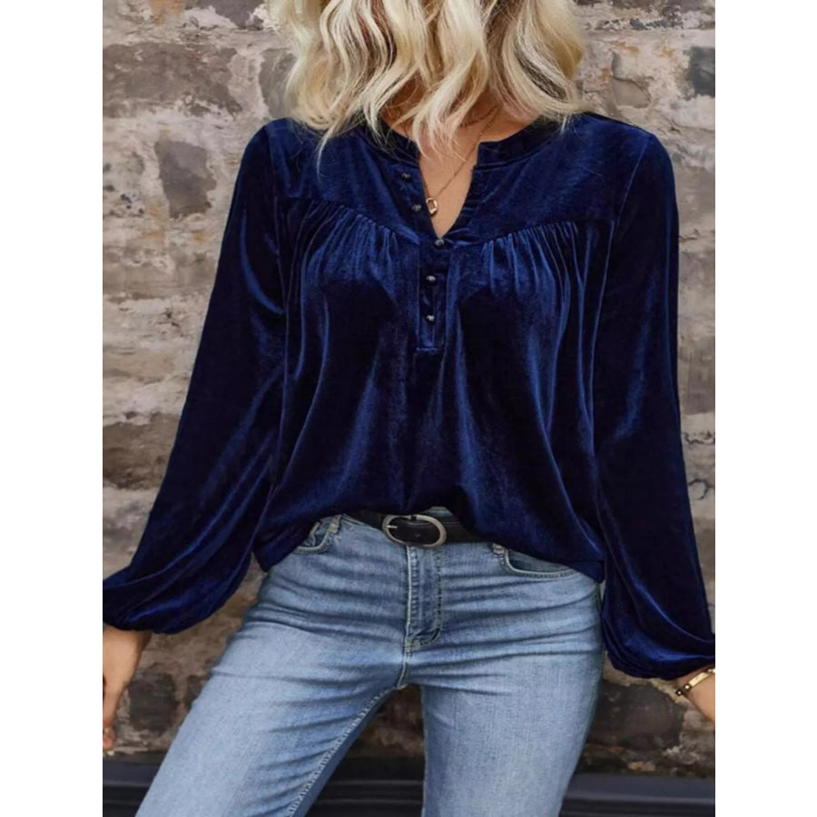Velvet Notched Long Sleeve Blouse Apparel and Accessories