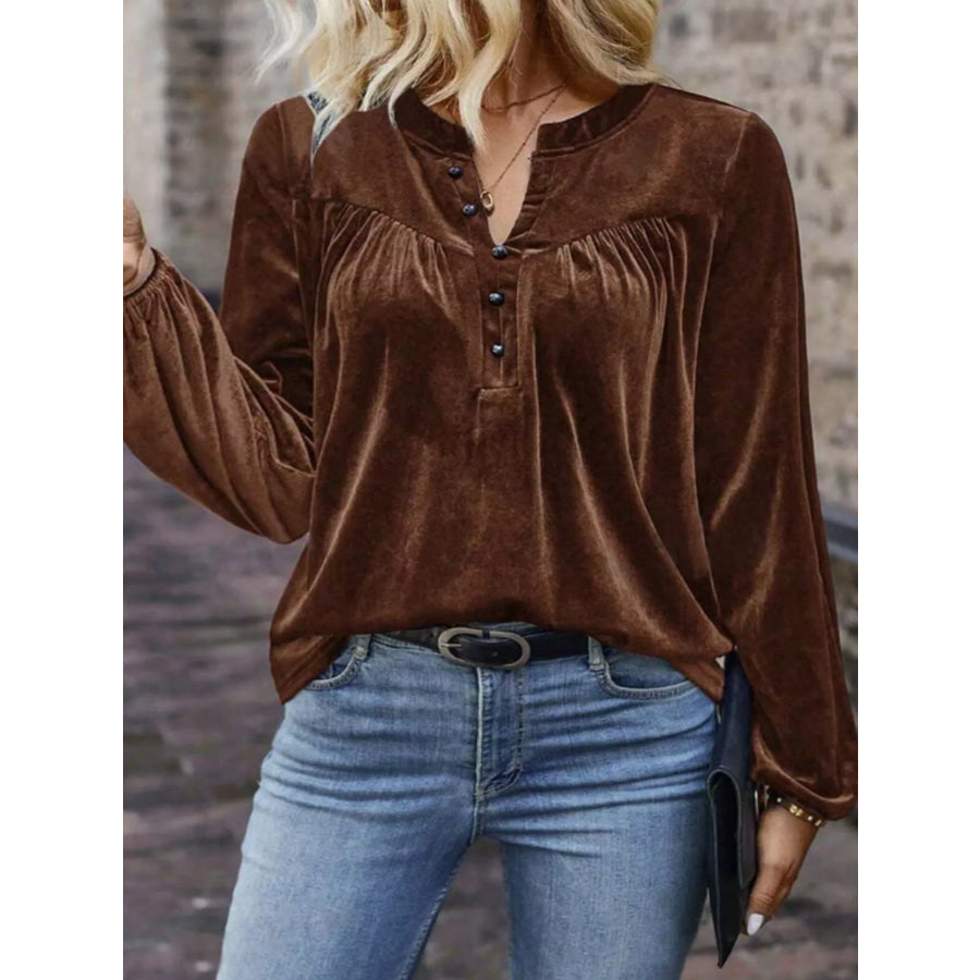 Velvet Notched Long Sleeve Blouse Apparel and Accessories