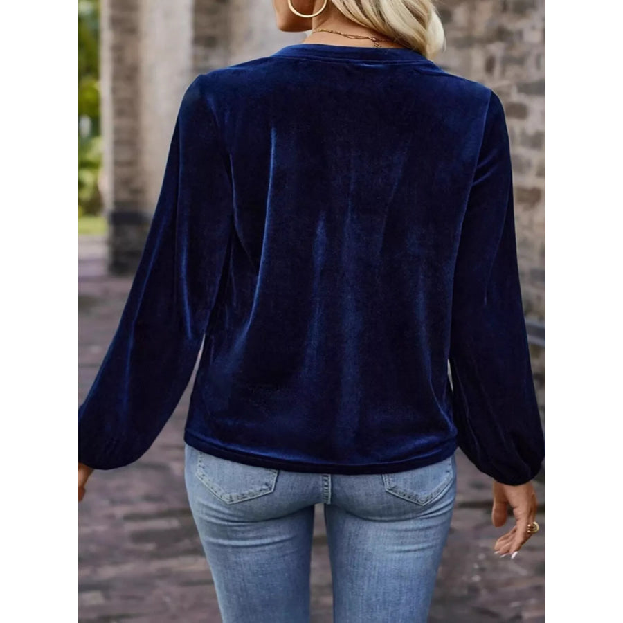 Velvet Notched Long Sleeve Blouse Apparel and Accessories