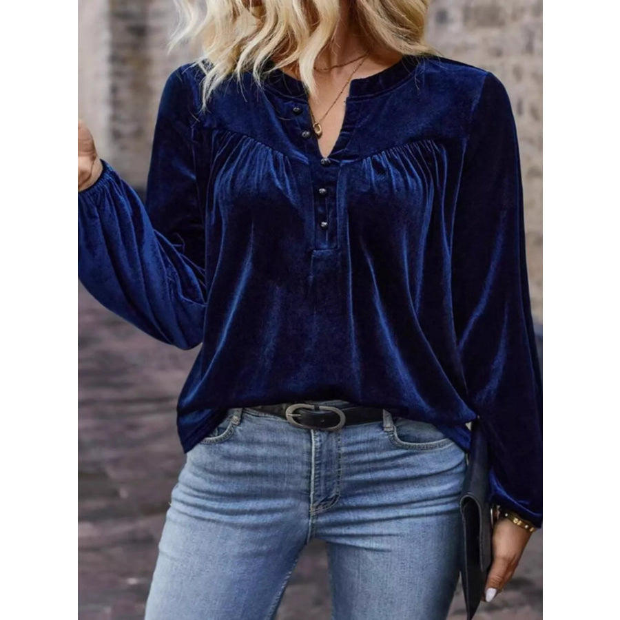 Velvet Notched Long Sleeve Blouse Apparel and Accessories