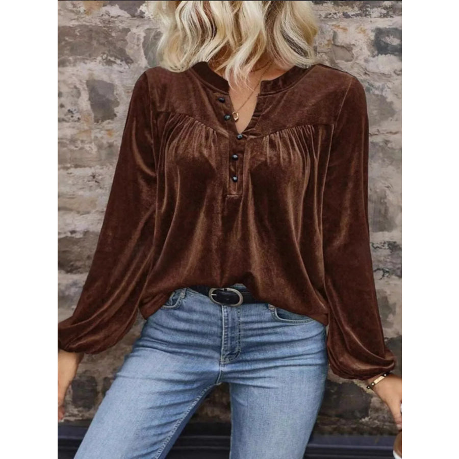 Velvet Notched Long Sleeve Blouse Apparel and Accessories