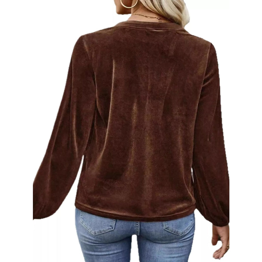 Velvet Notched Long Sleeve Blouse Apparel and Accessories
