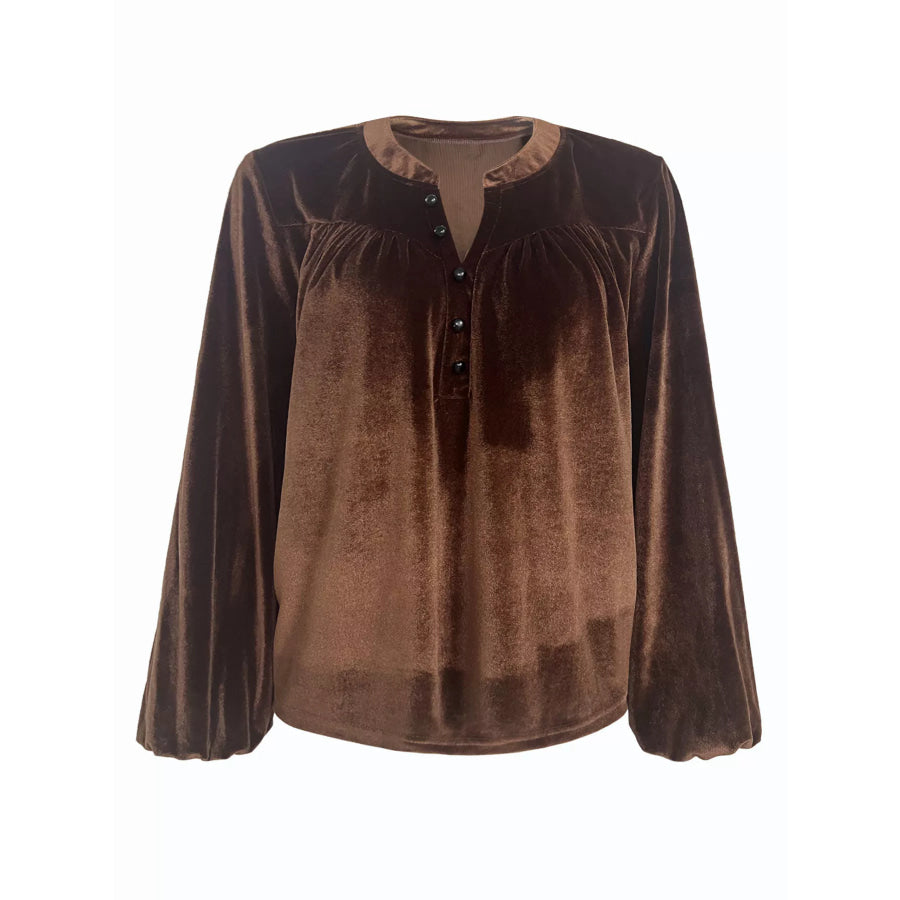Velvet Notched Long Sleeve Blouse Apparel and Accessories