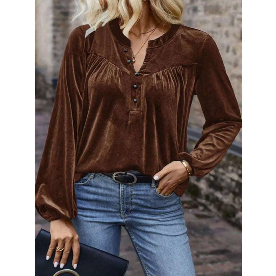 Velvet Notched Long Sleeve Blouse Brown / S Apparel and Accessories