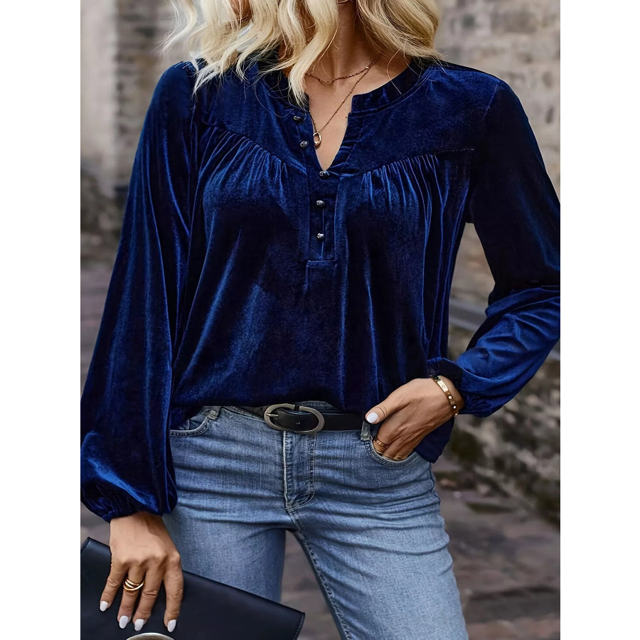 Velvet Notched Long Sleeve Blouse Navy / S Apparel and Accessories