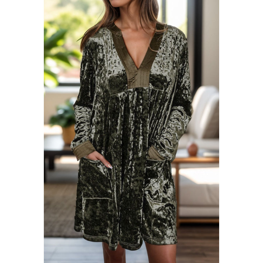 Velvet Notched Long Sleeve Mini Dress Army Green / S Apparel and Accessories