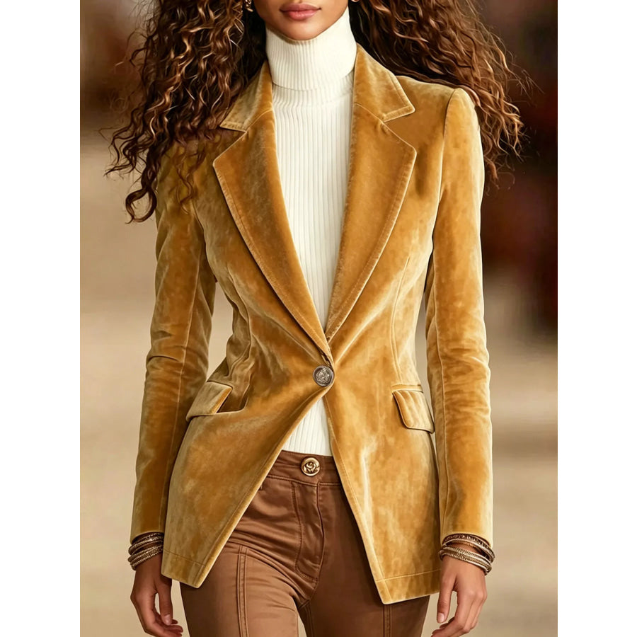 Velvet One-Button Long Sleeve Blazer Gold / S Apparel and Accessories