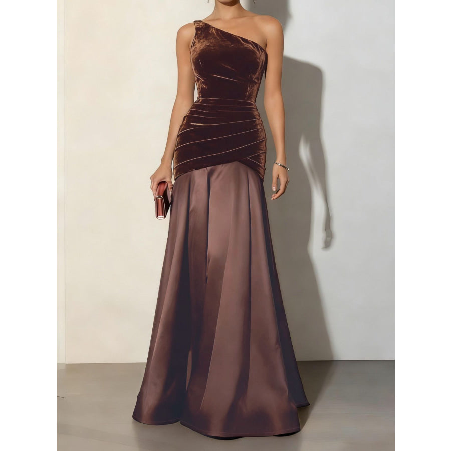 Velvet One-Shoulder Mermaid Maxi Dress Brown / S Apparel and Accessories