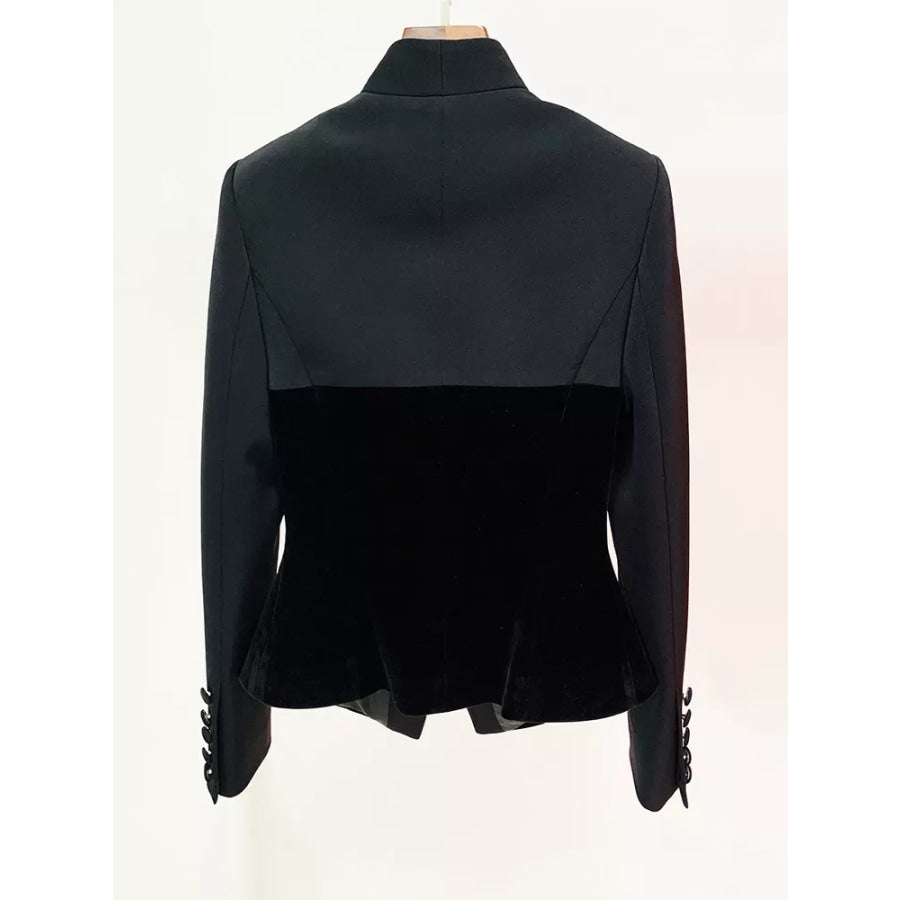 Velvet-Paneled Blazer with Stand-Up Collar Apparel and Accessories