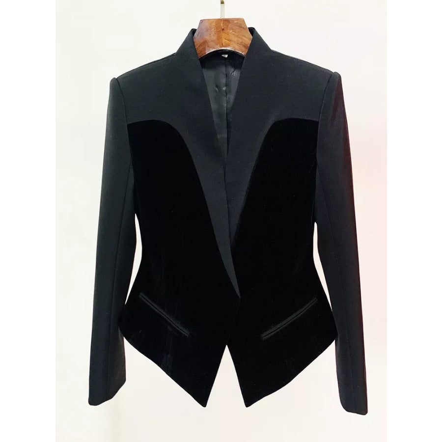 Velvet-Paneled Blazer with Stand-Up Collar Apparel and Accessories