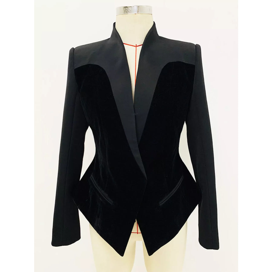 Velvet-Paneled Blazer with Stand-Up Collar Black / S Apparel and Accessories