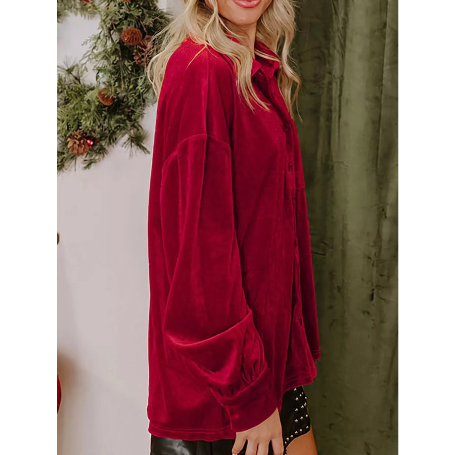 Velvet Patch Pocket Button Down Loose Shirt Apparel and Accessories