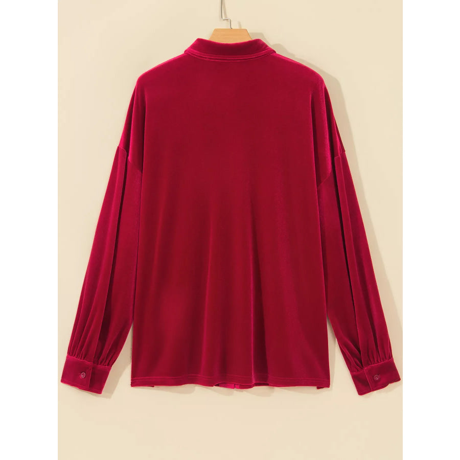 Velvet Patch Pocket Button Down Loose Shirt Apparel and Accessories