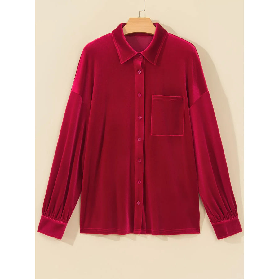 Velvet Patch Pocket Button Down Loose Shirt Apparel and Accessories