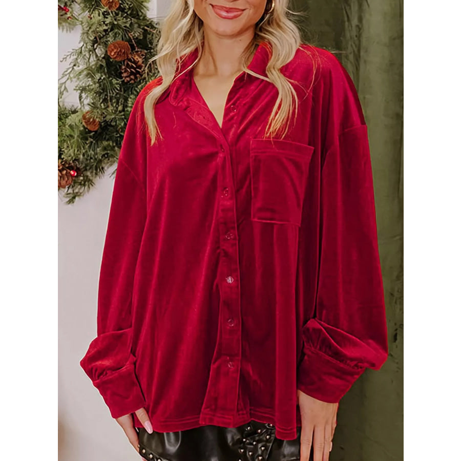 Velvet Patch Pocket Button Down Loose Shirt Apparel and Accessories