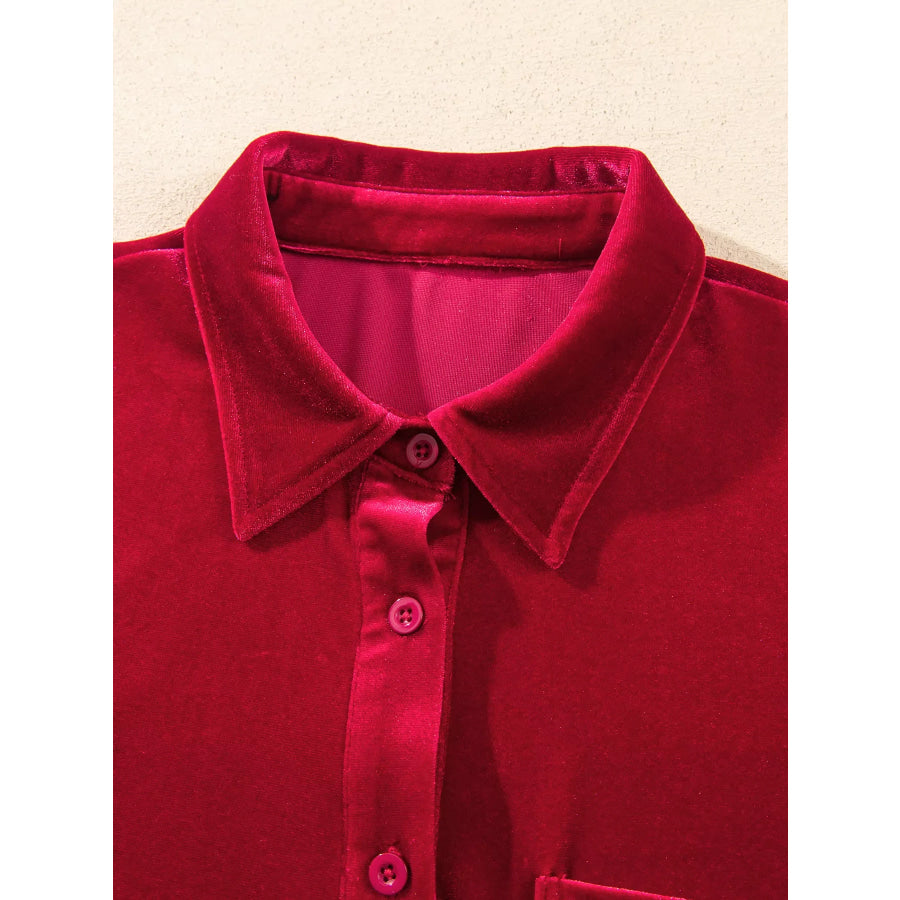 Velvet Patch Pocket Button Down Loose Shirt Apparel and Accessories