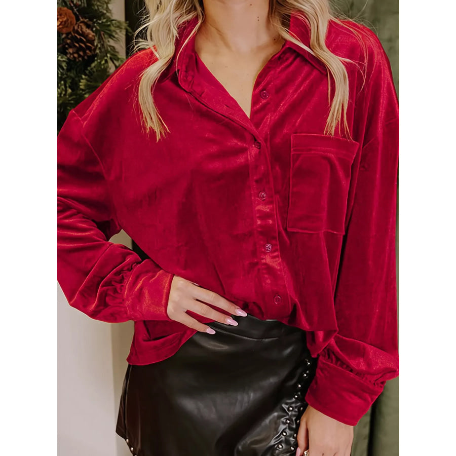 Velvet Patch Pocket Button Down Loose Shirt Burgundy / S Apparel and Accessories