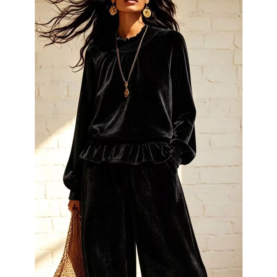 Velvet Peplum Top and Wide-Leg Pants Set Apparel Accessories