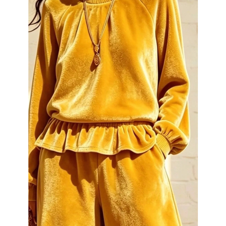 Velvet Peplum Top and Wide-Leg Pants Set Apparel Accessories