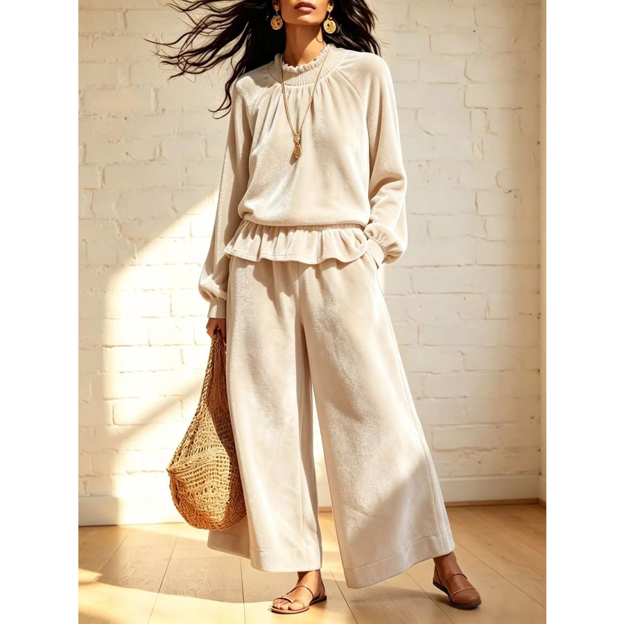 Velvet Peplum Top and Wide-Leg Pants Set Apparel Accessories