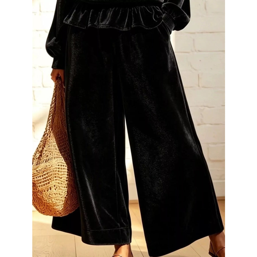 Velvet Peplum Top and Wide-Leg Pants Set Apparel Accessories