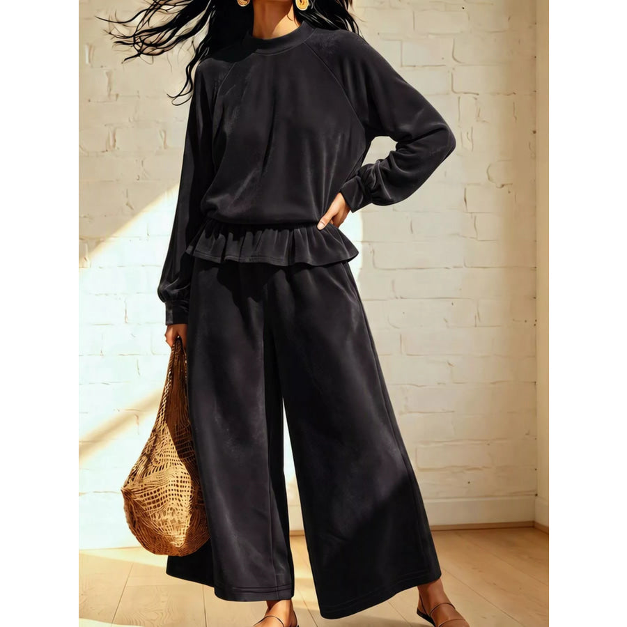 Velvet Peplum Top and Wide-Leg Pants Set Apparel Accessories