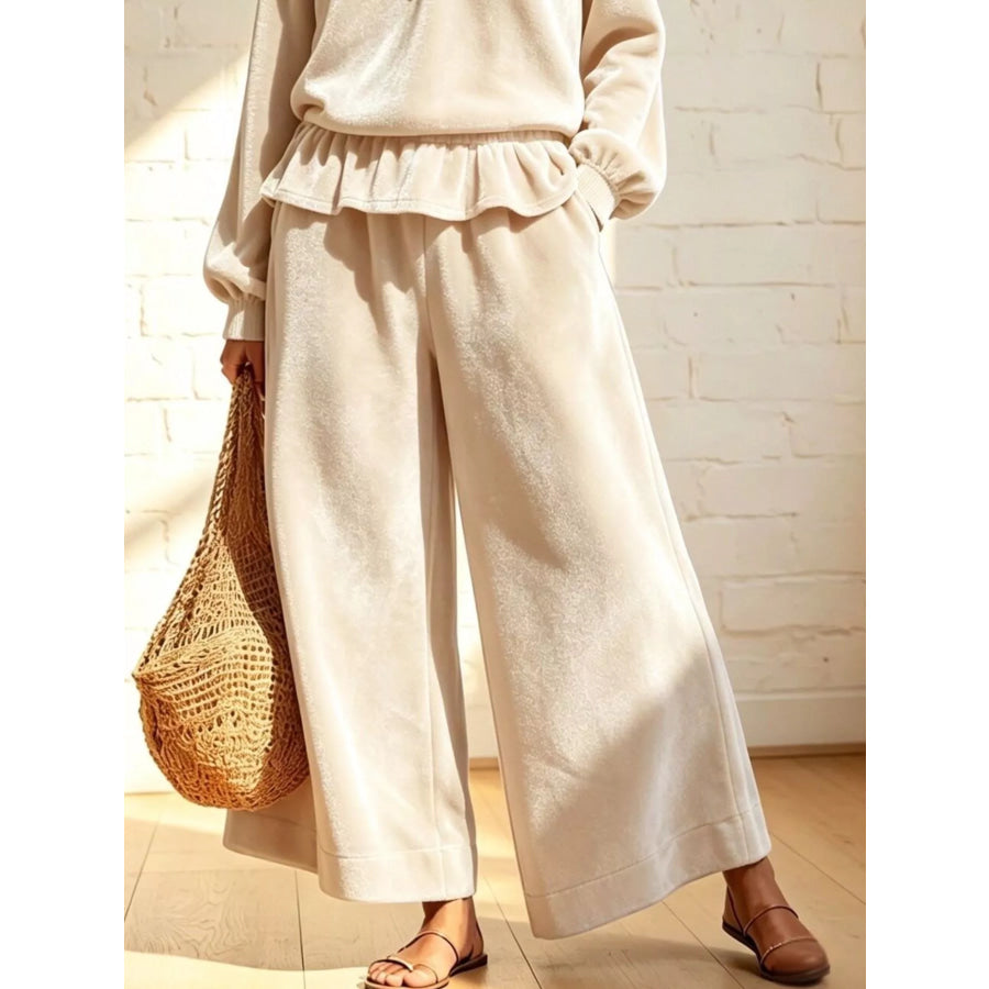 Velvet Peplum Top and Wide-Leg Pants Set Beige / S Apparel Accessories