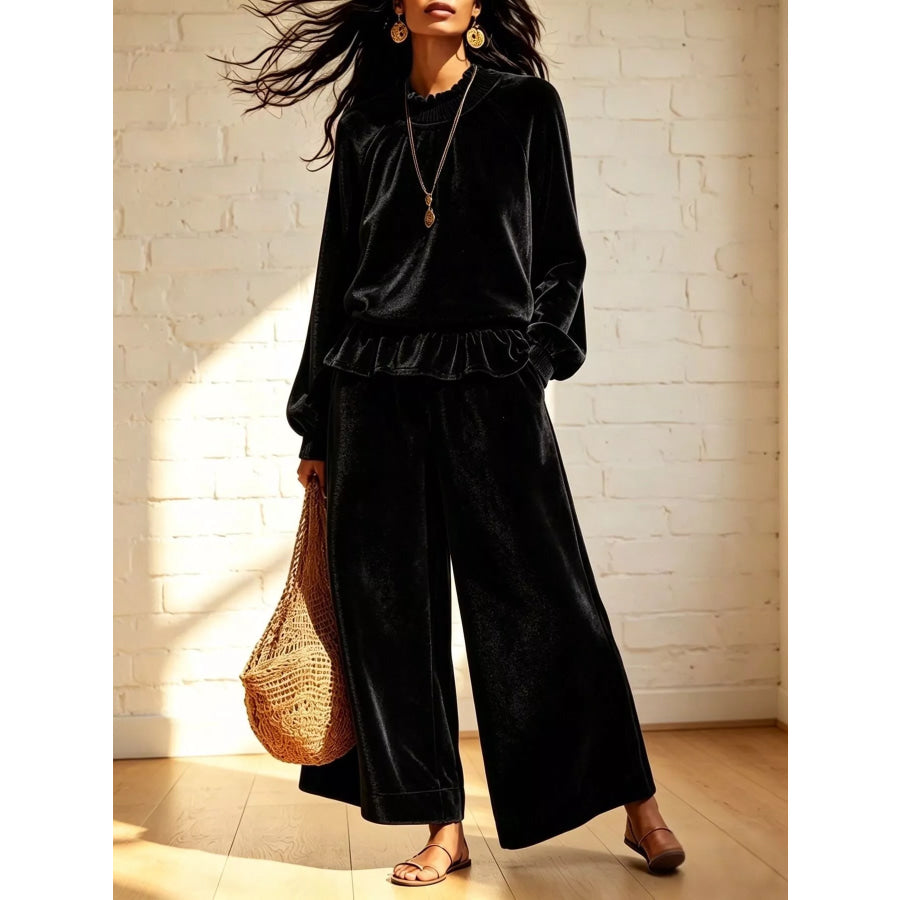 Velvet Peplum Top and Wide-Leg Pants Set Black / S Apparel Accessories